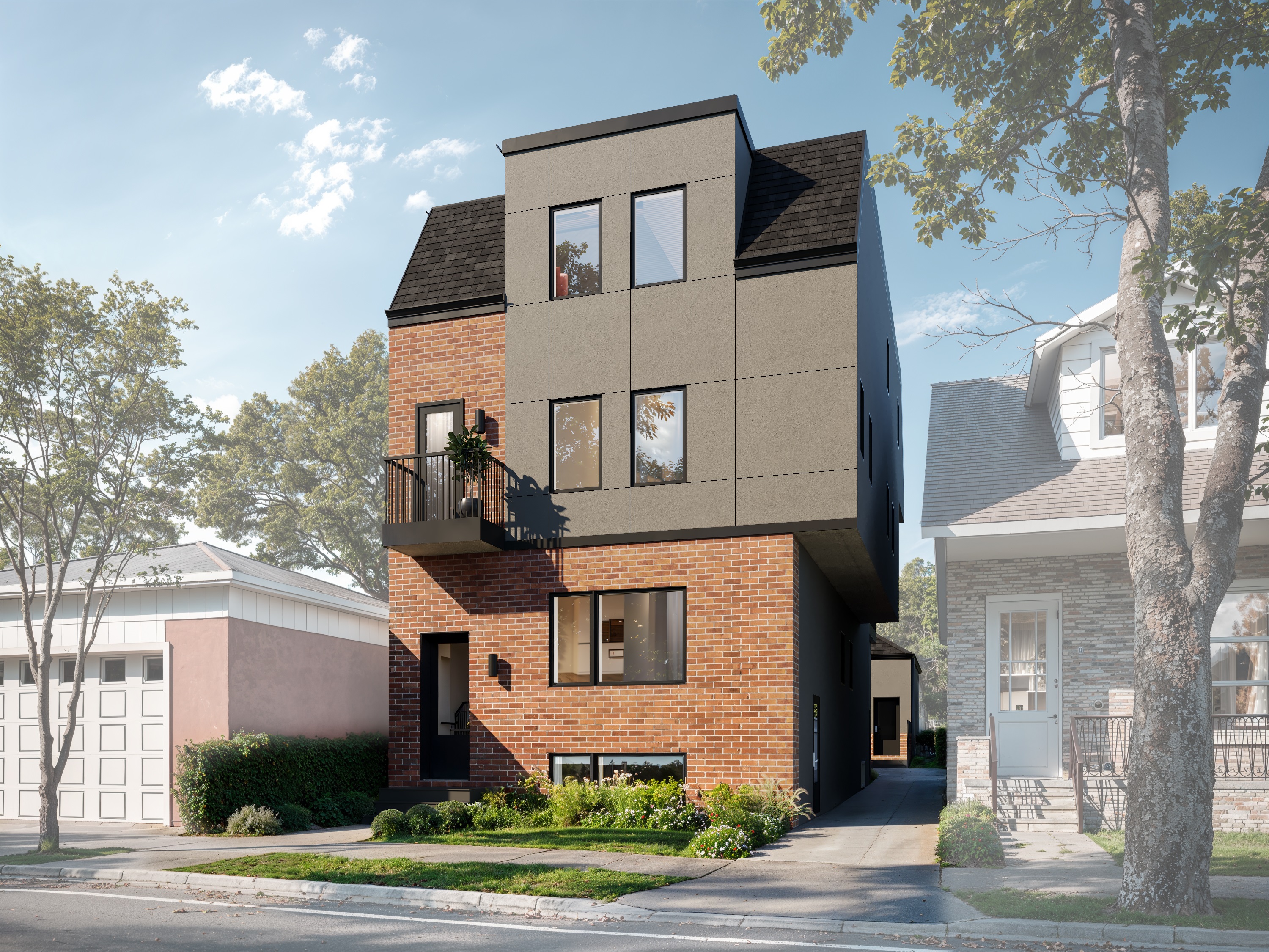 Street view of a River Developments missing middle housing project in Toronto